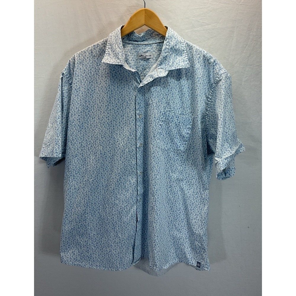 Peter Millar Shirt Mens XL Blue Print Cotton Spndx Short Sleeve Coastal‎ Travel